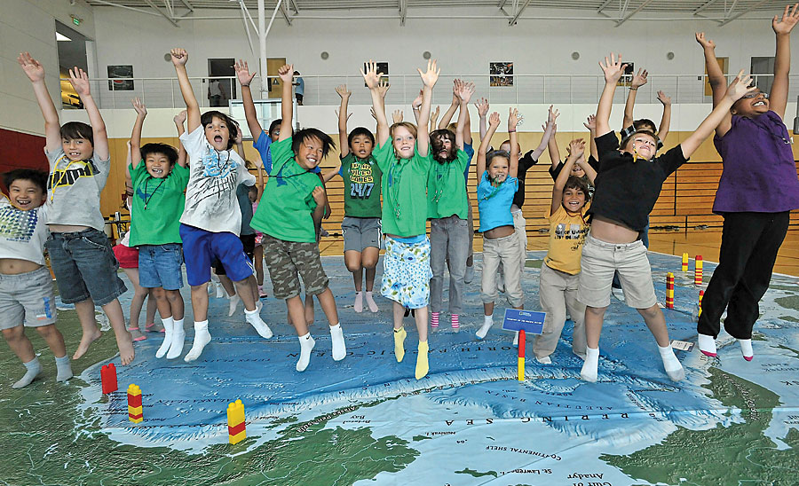 National Geographic Giant Traveling Maps are powerful tools for introducing geography and map-reading skills to students in grades K–8. (Photo by Scott Schilling.)