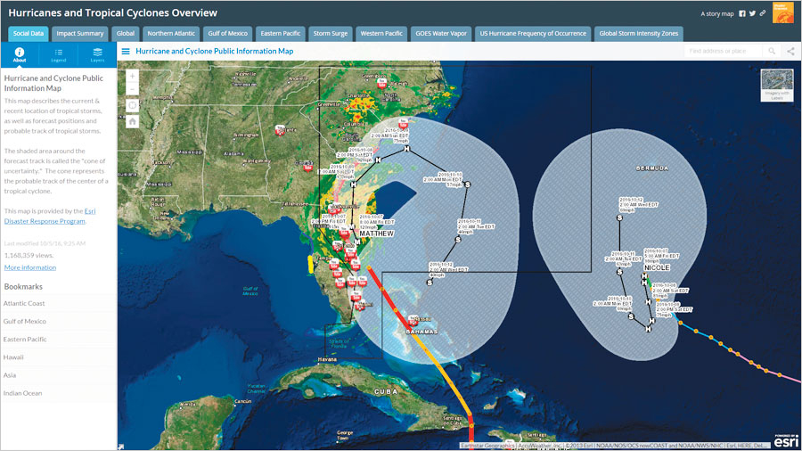 For Hurricane Matthew in 2016, ArcGIS Online was used to create new views instantly whenever new data was provided. For Hurricane Matthew in 2016, ArcGIS Online was used to create new views instantly whenever new data was provided.