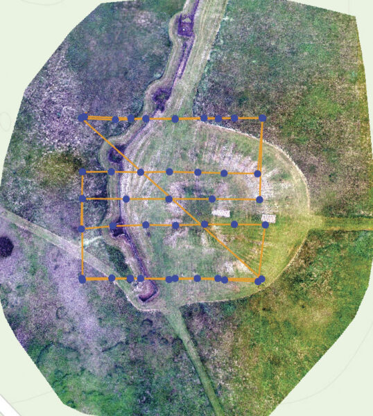 Drone2Map for ArcGIS produced a 2D orthomosaic of the mound at Aztalan, which functions as an imagery basemap of the site.