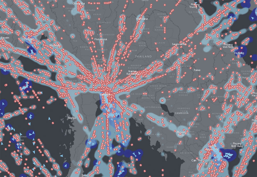 With GeoEvent Server, users can monitor and analyze—in real time—many types of streaming data, such as flights over Bangkok, Thailand.