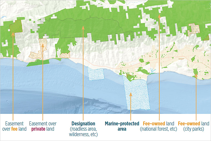 The Protected Areas Database of the United States (PAD-US) categorizes fee and private lands, designation areas, easements, and marine protected areas.