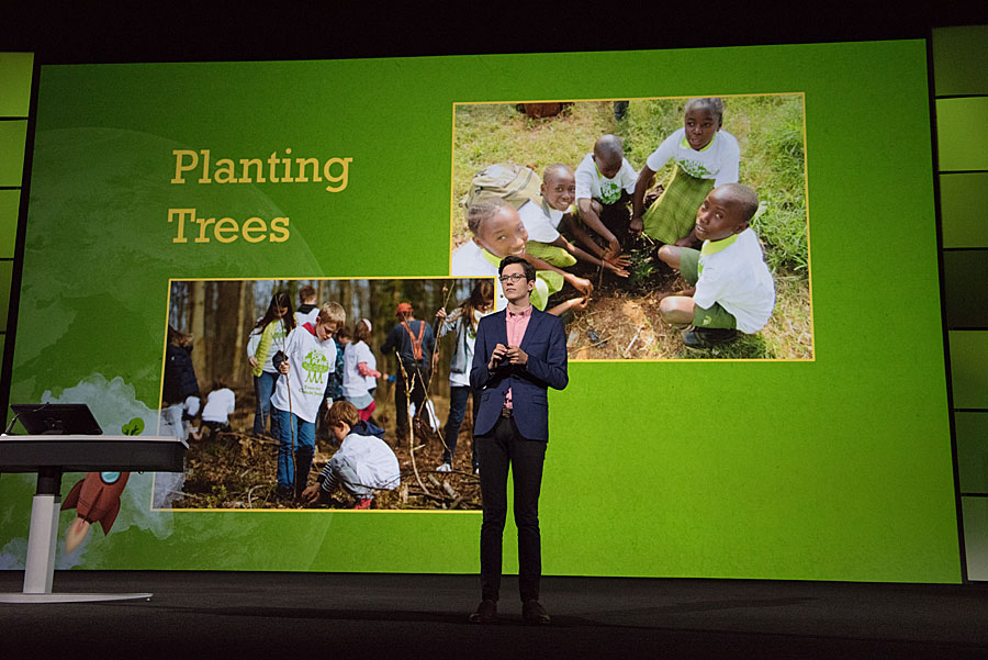 Finkbeiner was inspired to plant trees after he gave a talk about climate change at school. Finkbeiner was inspired to plant trees after he gave a talk about climate change at school.
