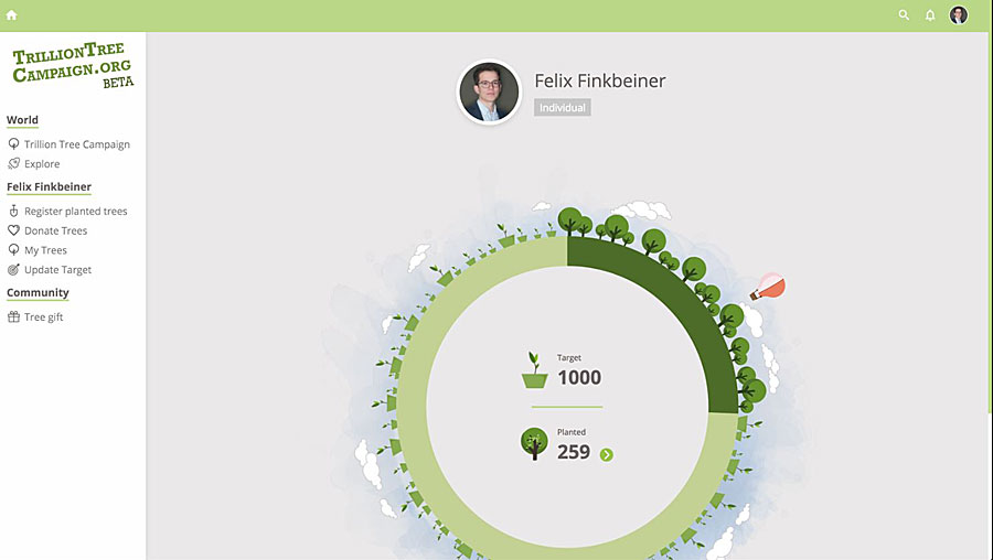 The trilliontreecampaign.org app lets you select your tree planting goal.