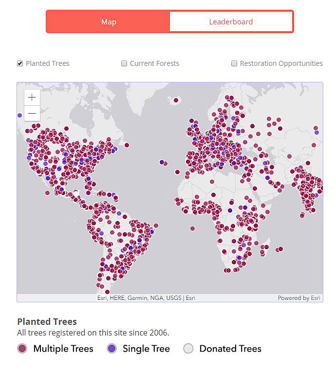The app also maps where trees have been planted. The app also maps where trees have been planted.