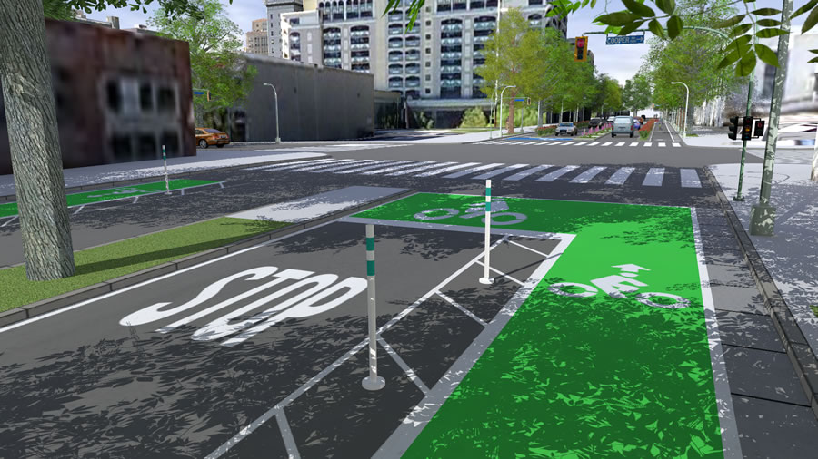 Alternative visualizations of new bike lanes, in 3D, can be generated using the New Complete Streets styles in Esri CityEngine.