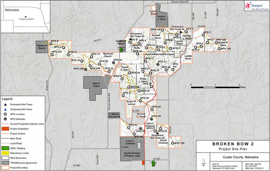Static maps show the Broken Bow II project, a wind farm in Nebraska. But they may be limited in the ability to show the level of detail needed to answer a specific question. Static maps show the Broken Bow II project, a wind farm in Nebraska. But they may be limited in the ability to show the level of detail needed to answer a specific question.