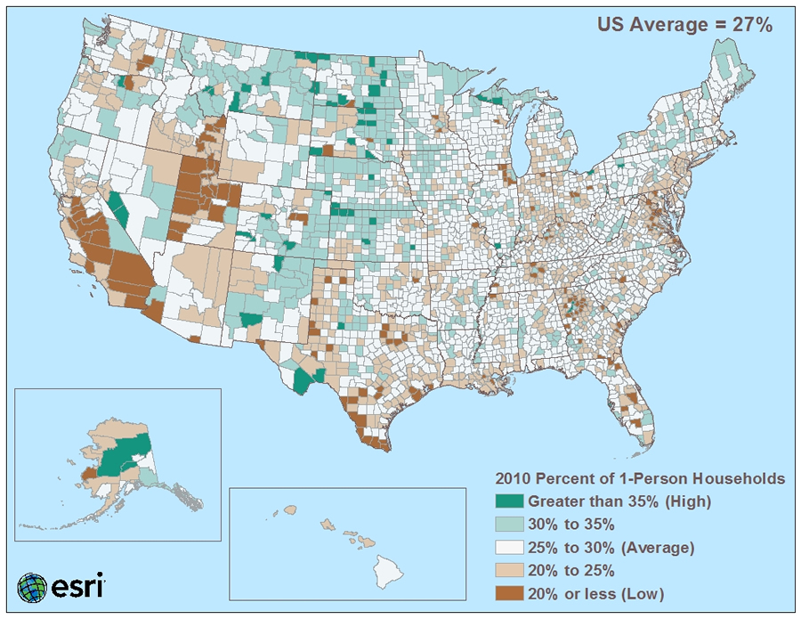 The percentage of one-person households is higher than average in some counties in states such as Minnesota, Iowa, Michigan, North Dakota, South Dakota, Nebraska, Montana, Maine, Colorado, Kansas, and New Mexico.
