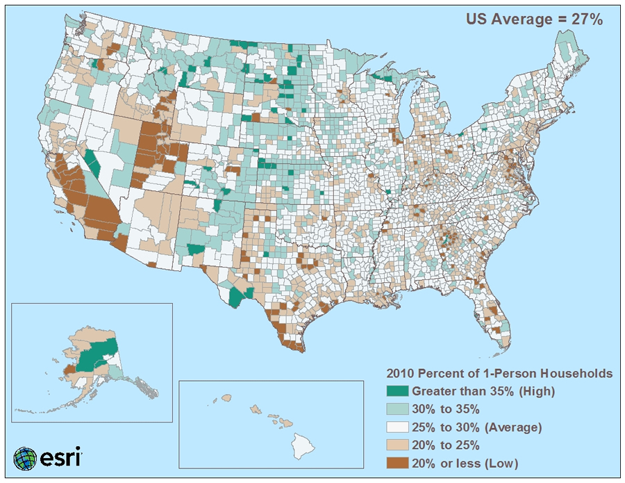 The percentage of one-person households is higher than average in some counties in states such as Minnesota, Iowa, Michigan, North Dakota, South Dakota, Nebraska, Montana, Maine, Colorado, Kansas, and New Mexico. The percentage of one-person households is higher than average in some counties in states such as Minnesota, Iowa, Michigan, North Dakota, South Dakota, Nebraska, Montana, Maine, Colorado, Kansas, and New Mexico.