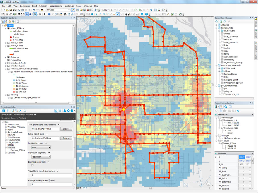 The Sugar Access solution for ArcGIS features a unique hybrid desktop and cloud computing workflow, shown here analyzing walk access to bus stops in Fontana, California.