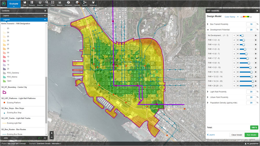 A suitability analysis for a hypothetical bus rapid (BRT) transit route takes into account proximity to parks and existing transit, as well as current and potential households and jobs.