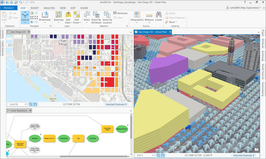 Using ArcGIS Pro, you can view and analyze urban planning data in both 2D and 3D, including complex analytical results such as the airflow between buildings.