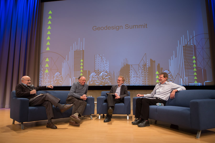 Carl Steinitz (far left), Jack Dangermond, Thomas Fisher. and keynote speaker Noel Cressie discuss the possibilities, probabilities, and promise of geodesign.