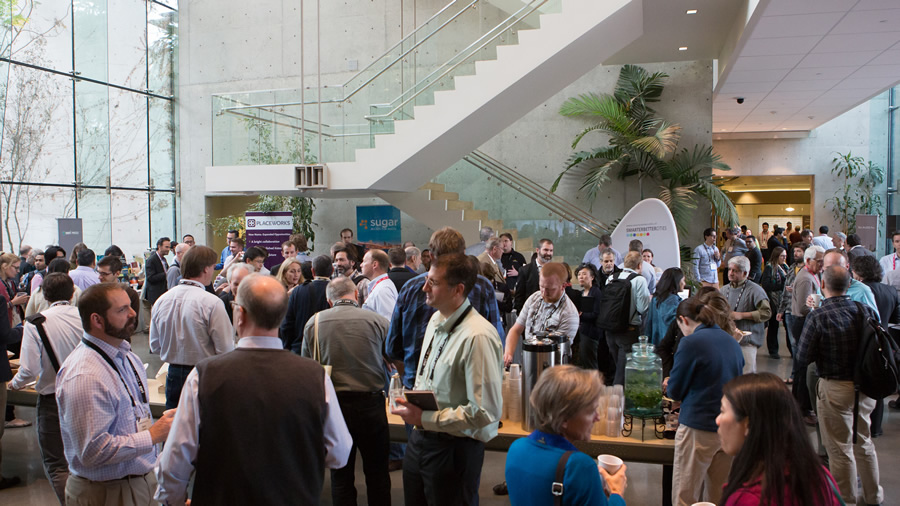 Attendees take a break to network and have refreshments at the Geodesign Summit.