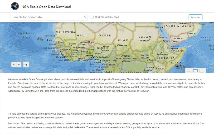 The National Geospatial-Intelligence Agency (NGA) uses ArcGIS Open Data to help combat the deadly Ebola virus. The National Geospatial-Intelligence Agency (NGA) uses ArcGIS Open Data to help combat the deadly Ebola virus.