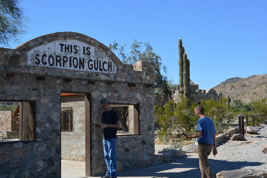 Arizona State Land Department employees use Esri's Collector for ArcGIS to gather data at Scorpion Gulch, an old trading post located in South Mountain Park, Arizona. Arizona State Land Department employees use Esri's Collector for ArcGIS to gather data at Scorpion Gulch, an old trading post located in South Mountain Park, Arizona.