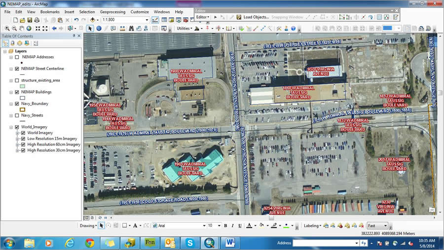 The addressing process is done in ArcGIS for Desktop. Address labels can be seen along with centerlines, street names, and the street ranges. Data analysts often use imagery for more informed decision making.