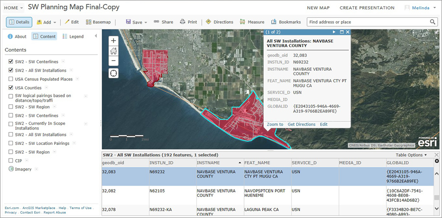 The NEMAP team even used ArcGIS Online maps to plan and coordinate trips to US Navy bases to work on the project. Logical pairings of bases to visit, the geographic layout of the area, and even distances to major airports were all taken into account to organize team travel. The NEMAP team even used ArcGIS Online maps to plan and coordinate trips to US Navy bases to work on the project. Logical pairings of bases to visit, the geographic layout of the area, and even distances to major airports were all taken into account to organize team travel.