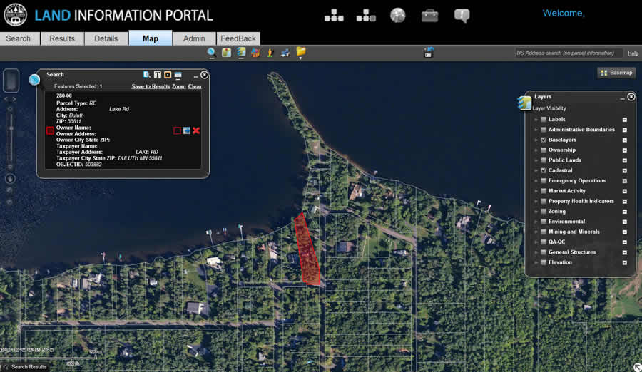 Once a parcel is selected, the user can view recorded documents within it, such as quit claim and warranty deeds, land use permits, certificates of survey, plats, and photos.