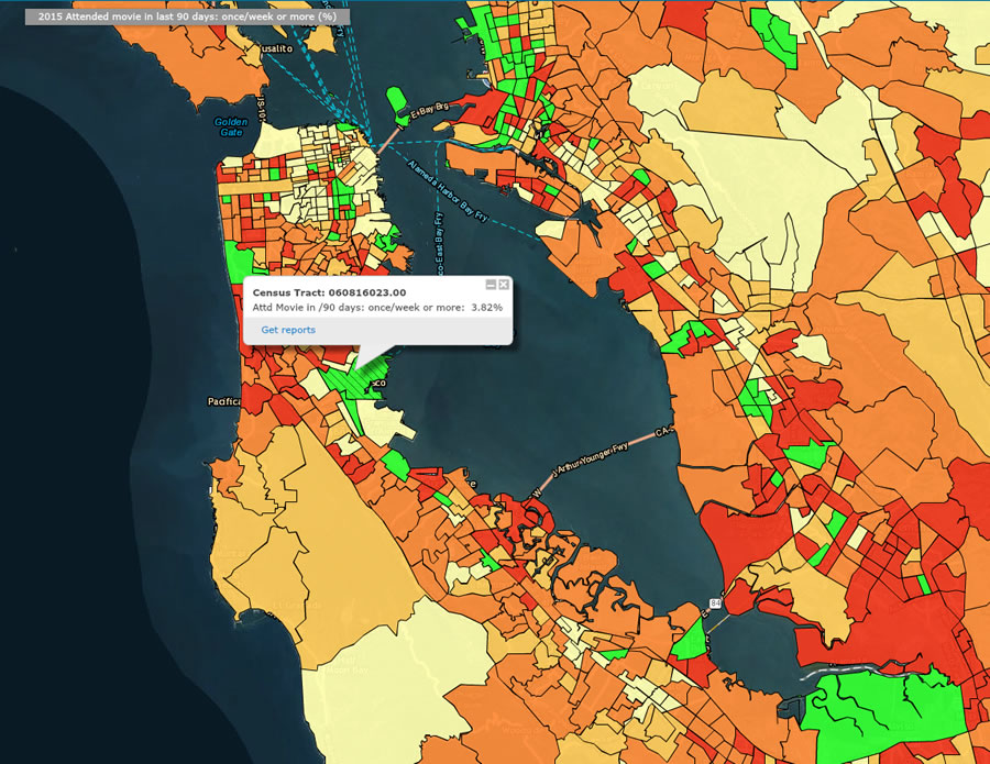 Esri data can reveal where the frequent movie-going population lives, down to the census tract. Esri data can reveal where the frequent movie-going population lives, down to the census tract.