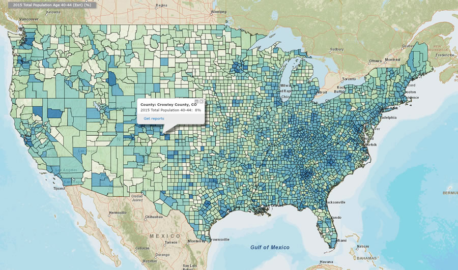 Esri Demographics provides up-to-date age, income, and other data for analysis.