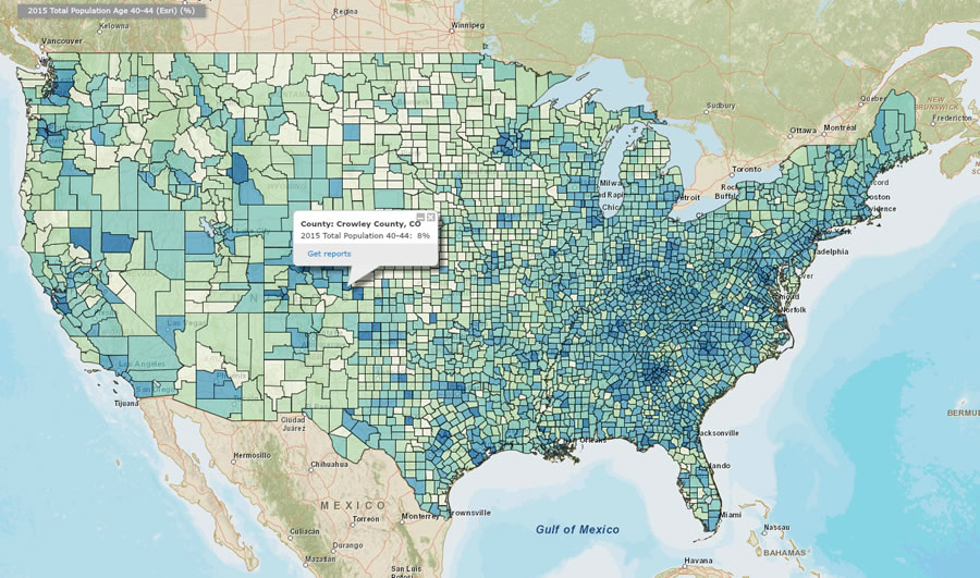 Esri Demographics provides up-to-date age, income, and other data for analysis. Esri Demographics provides up-to-date age, income, and other data for analysis.