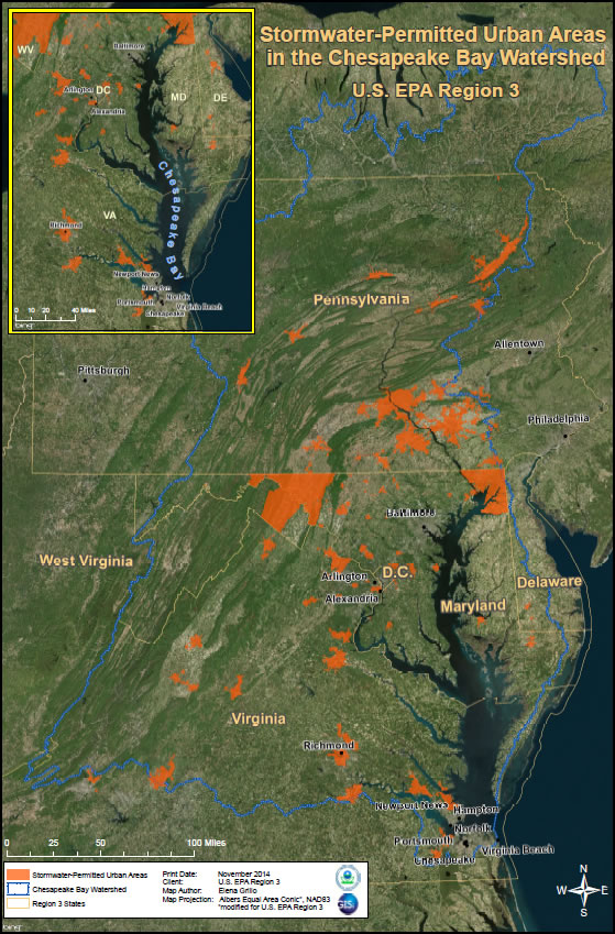 Figure 1. The EPA monitors water in urban areas where the agency has granted storm water permits. This map shows the permitted areas inside the Chesapeake Bay watershed. Figure 1. The EPA monitors water in urban areas where the agency has granted storm water permits. This map shows the permitted areas inside the Chesapeake Bay watershed.