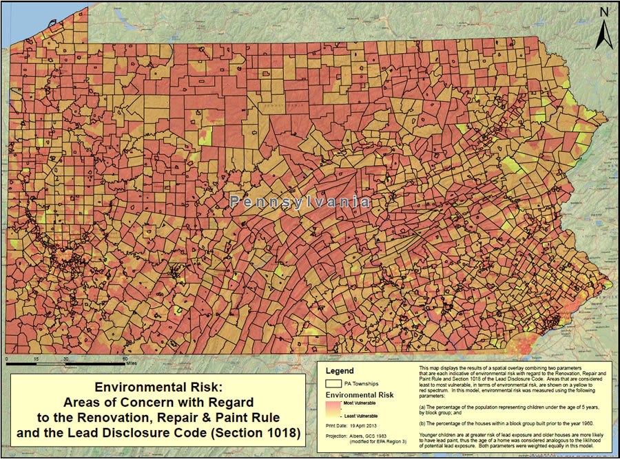 Figure 2. This map displays the risk to young children by lead exposure from older houses that are likely to have lead paint. The range is from yellow, "least vulnerable," to dark orange, "most vulnerable."