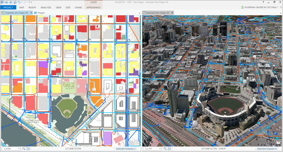 Geodesigners can design and edit in 2D and 3D using ArcGIS Pro. Geodesigners can design and edit in 2D and 3D using ArcGIS Pro.