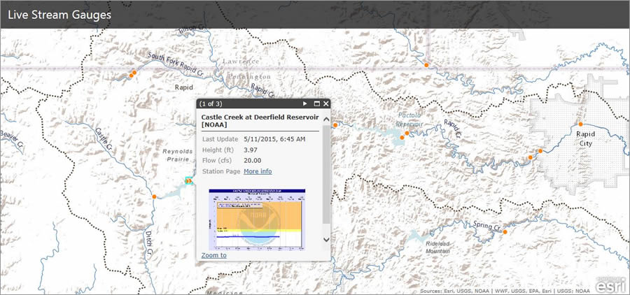 Using the Live Stream Gauges map, you can see real-time sensor information such as a river's height and flow rate.