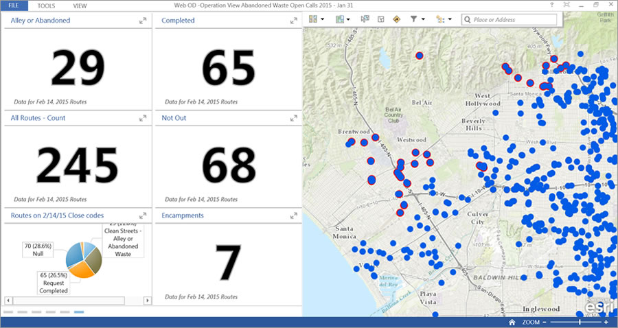 Operations Dashboard for ArcGIS shows the real-time status of calls by type-of-service resolutions. Operations Dashboard for ArcGIS shows the real-time status of calls by type-of-service resolutions.