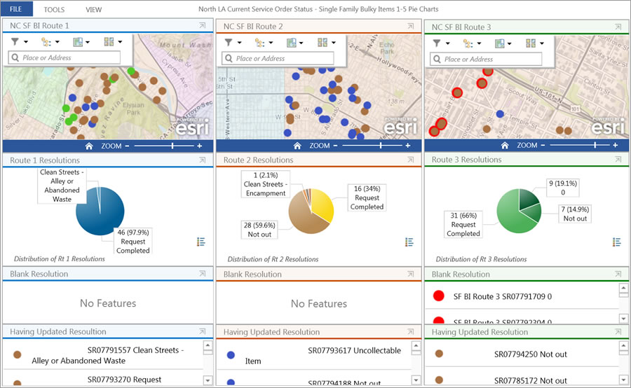 With no red dots remaining, the dashboard shows that all stops have been made for bulky item service on routes 1 and 2. Pickup of bulky items still need to be completed on route 3. With no red dots remaining, the dashboard shows that all stops have been made for bulky item service on routes 1 and 2. Pickup of bulky items still need to be completed on route 3.