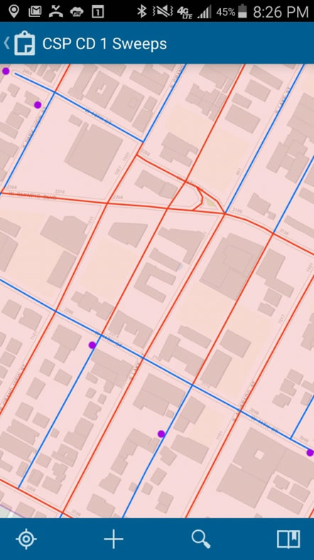 In this map in the Collector for ArcGIS app, the streets in blue have been inspected for abandoned waste while the streets in red remain to be inspected. In this map in the Collector for ArcGIS app, the streets in blue have been inspected for abandoned waste while the streets in red remain to be inspected.