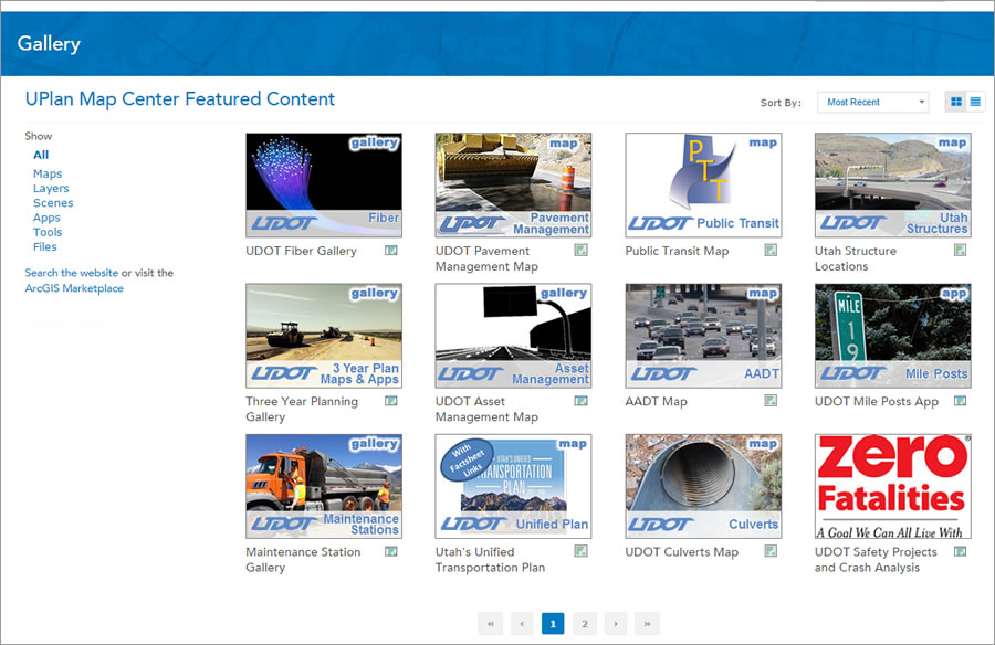 The Utah Department of Transportation uses web services to share a gallery of maps with the public and officials that pertain to road projects, pavement management, and other topics.