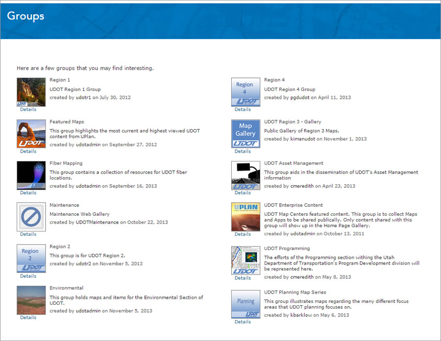 Maps also are organized in UPLAN using groups such as UDOT Asset Management and UDOT Enterprise Content.