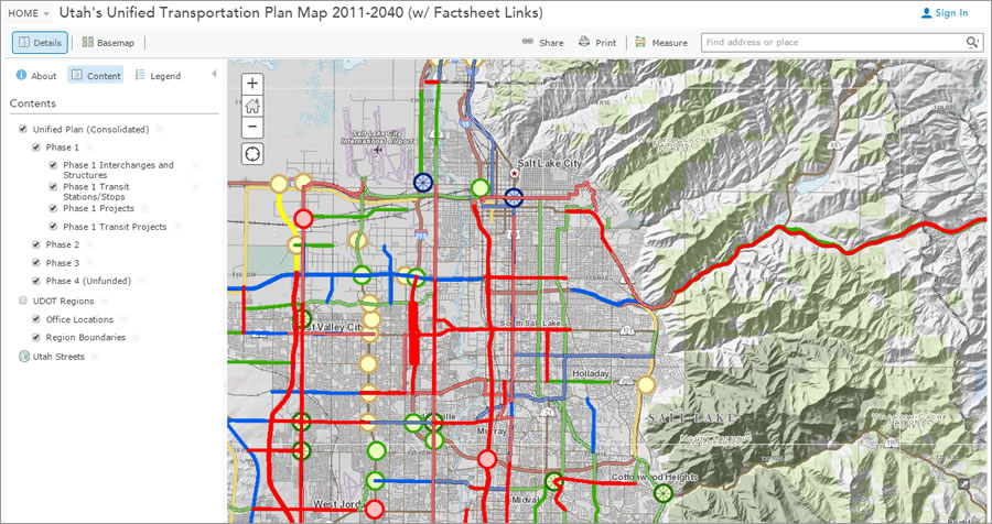 A web map in UPLAN displays phase-based, long-term plans for Utah's roads and highways. A web map in UPLAN displays phase-based, long-term plans for Utah's roads and highways.