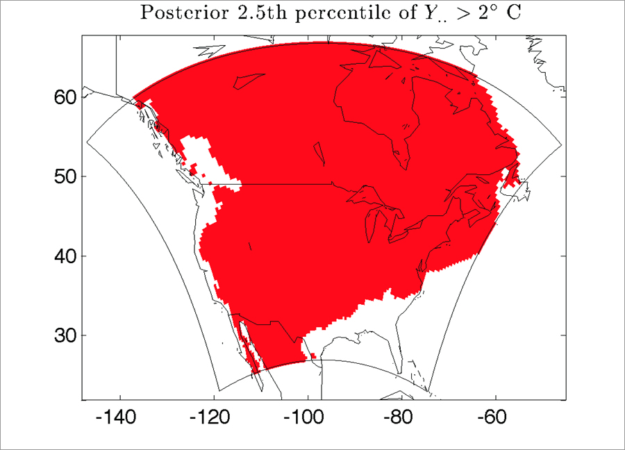 These are the regions of North America where temperature changes are projected to be greater than 2 degrees Celsius by 2070.