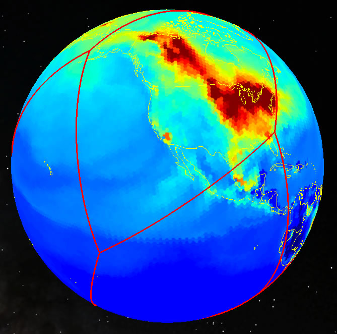 Estimated near-surface CO2 values projected onto a resolution-6 hexagonal equal area projection. Credit: Tim Stough