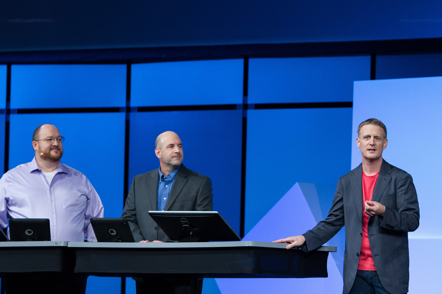 Esri's John Calkins (right) introduces Anthony Vazquez and David Wright from Hartsfield-Jackson Atlanta International Airport. Wright and Vazquez talked about how web GIS helps airport staff better manage operations.