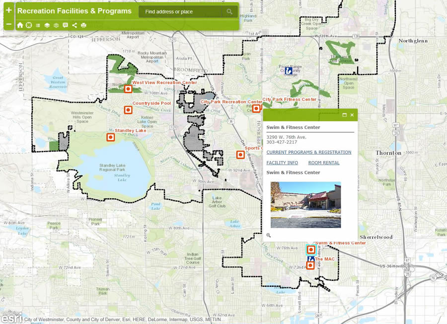 This web map, created using Esri's Web AppBuilder for ArcGIS, shows recreation facilities within the City of Westminster, with pop-up hyperlinks to program and activity lists.