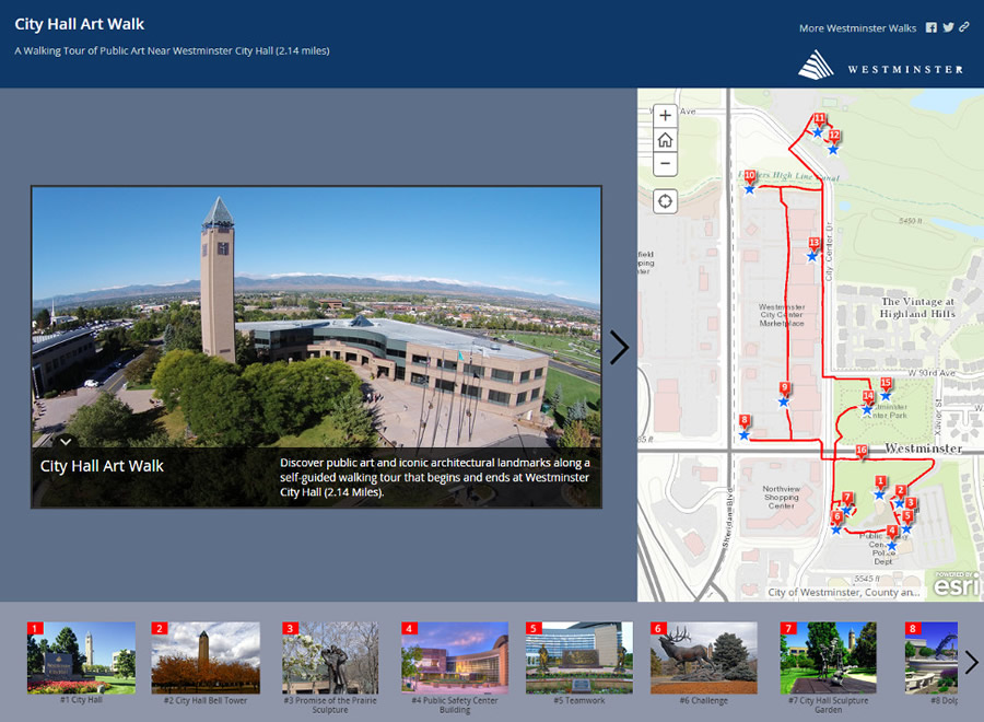 People can access the City Hall Art Walk story map on their devices while exploring the area.