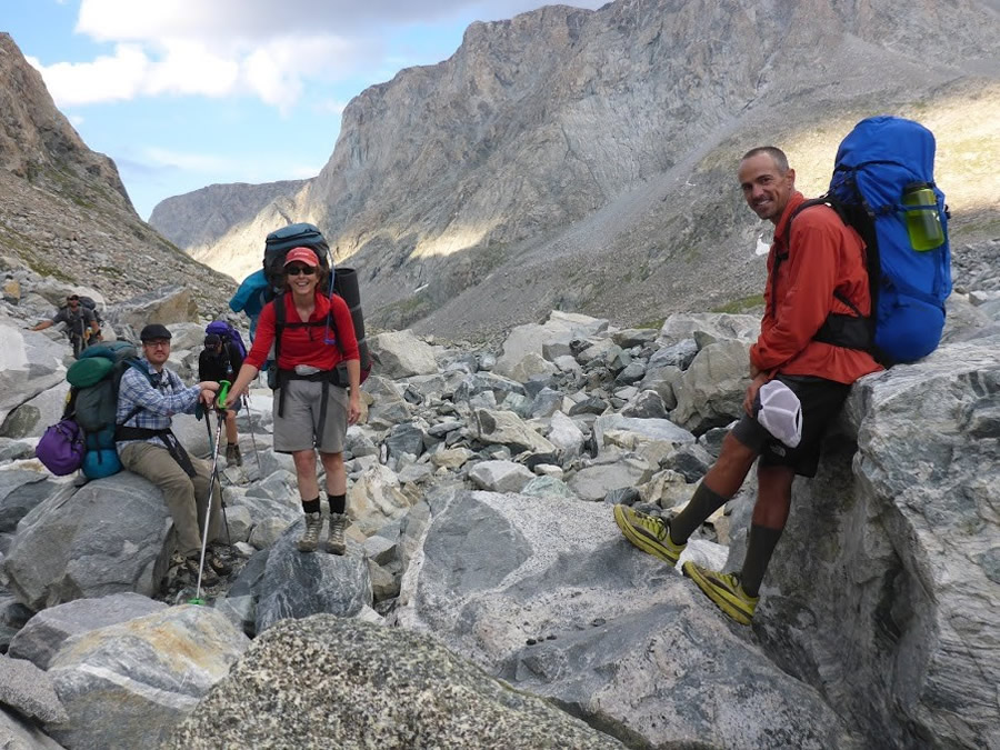 Jeremy Nielsen (left), a CWC film instructor, joins Jacki Klancher (center), assistant professor of Environmental Health at CWC, and Darran Wells (right), head of the CWC Outdoor Education program, on a glacier in Wyoming's Wind River Range.