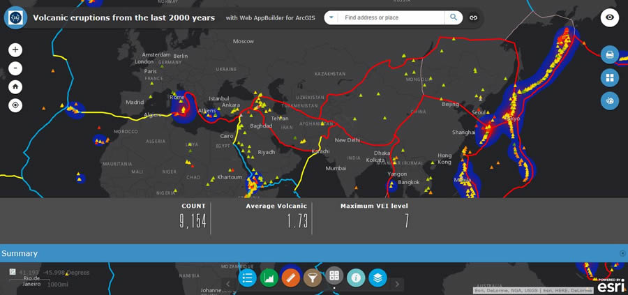 Created with Web AppBuilder for ArcGIS, this mapping app shows the locations of volcanic eruptions over the last two millennia.