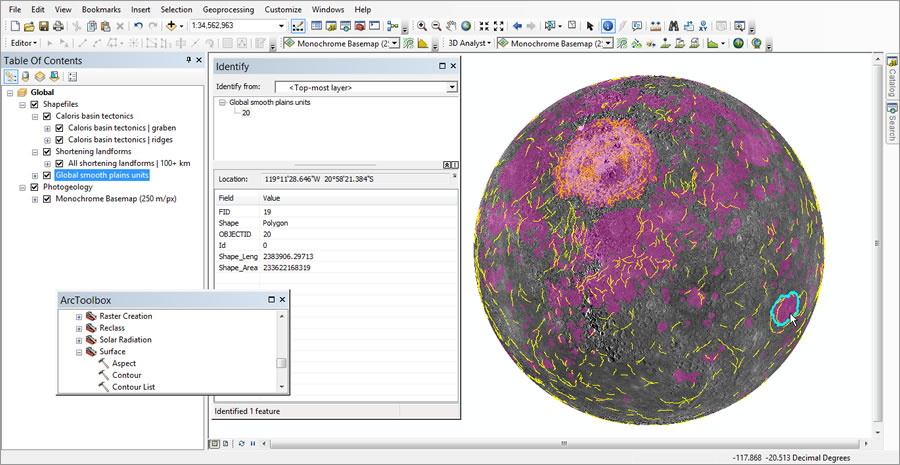 ArcMap was used to visualize the distribution of smooth volcanic plains (in purple) on Mercury with large-scale, 100-kilometer-long tectonic structures (in yellow).