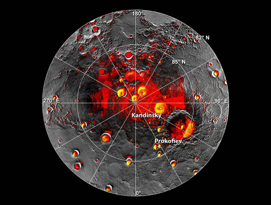 This map overlaid with radar data shows permanently shadowed regions and bright yellow (not true color) deposits in the northern polar region of Mercury. MESSENGER data have shown that the deposits are composed of water ice, sometimes beneath a layer of organic material. (Image Credit: NASA/Johns Hopkins University Applied Physics Laboratory/Carnegie Institution of Washington) This map overlaid with radar data shows permanently shadowed regions and bright yellow (not true color) deposits in the northern polar region of Mercury. MESSENGER data have shown that the deposits are composed of water ice, sometimes beneath a layer of organic material. (Image Credit: NASA/Johns Hopkins University Applied Physics Laboratory/Carnegie Institution of Washington)