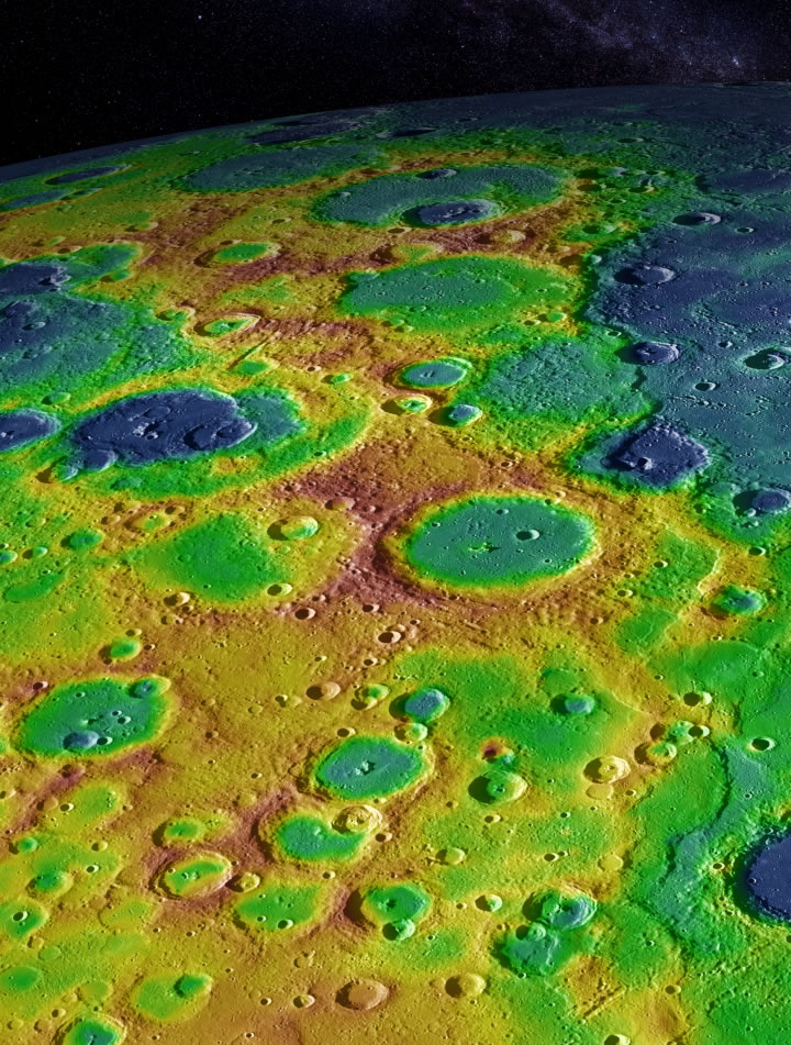 This image shows Mercury's surface with elevations color-coded from high to low terrain. A series of cliff-like scarps along the right-hand side of the image form what scientists term a "fold and thrust belt." (Image Credit: NASA/Johns Hopkins University Applied Physics Laboratory/Carnegie Institution of Washington)