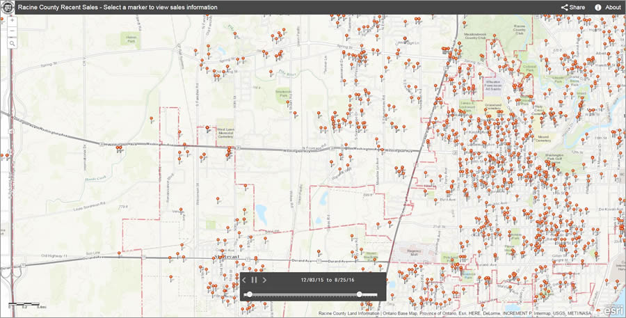 The Racine County Recent Sales map shows the locations of property sales within specific time periods. When people click on a symbol, a pop-up will appear that lists information such as the value of the property and the names of the buyer and seller.