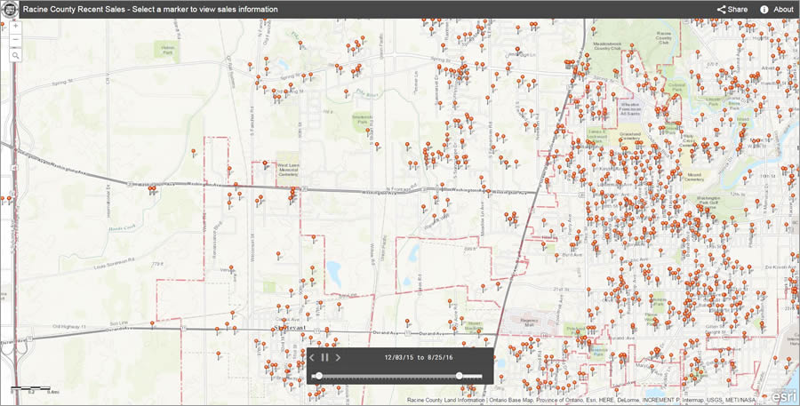 The Racine County Recent Sales map shows the locations of property sales within specific time periods. When people click on a symbol, a pop-up will appear that lists information such as the value of the property and the names of the buyer and seller. The Racine County Recent Sales map shows the locations of property sales within specific time periods. When people click on a symbol, a pop-up will appear that lists information such as the value of the property and the names of the buyer and seller.