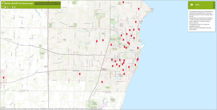 The red symbols show where foreclosed properties are for sale. Users who click on a symbol will see the address of the foreclosed property and the time and date of the upcoming sale. The red symbols show where foreclosed properties are for sale. Users who click on a symbol will see the address of the foreclosed property and the time and date of the upcoming sale.