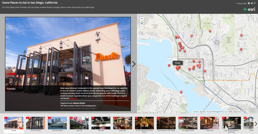 Workbook readers will learn how to create and share Esri Story Maps like this one that highlights places to eat in San Diego, California.