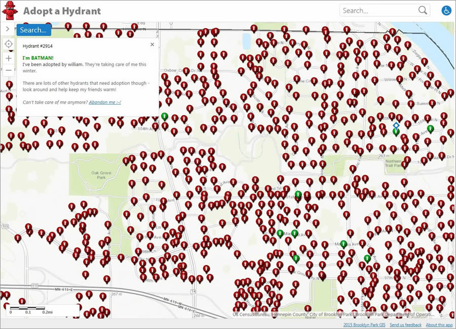 The red icons on the map represent the fire hydrants available to adopt in the city of Brooklyn Park. The city has about 3,500 hydrants. The red icons on the map represent the fire hydrants available to adopt in the city of Brooklyn Park. The city has about 3,500 hydrants.